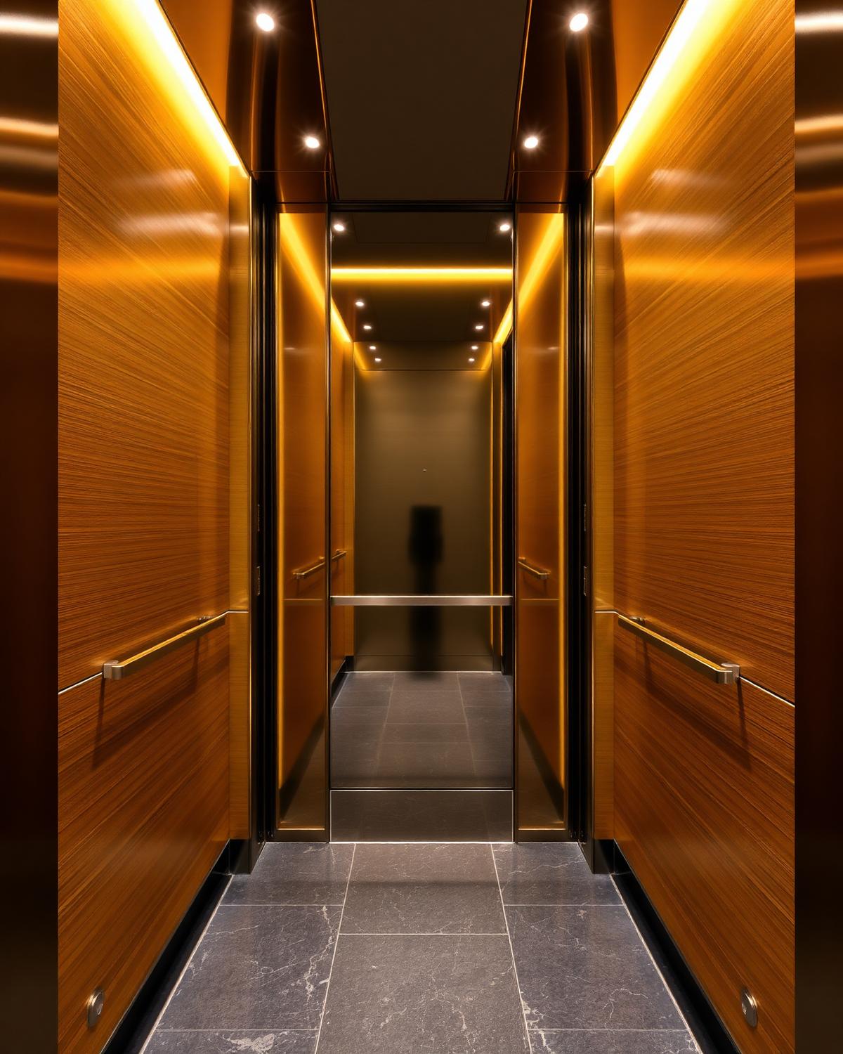 Liftcabine met champagne-goudkleurige metalen wandpanelen en indirecte verlichting