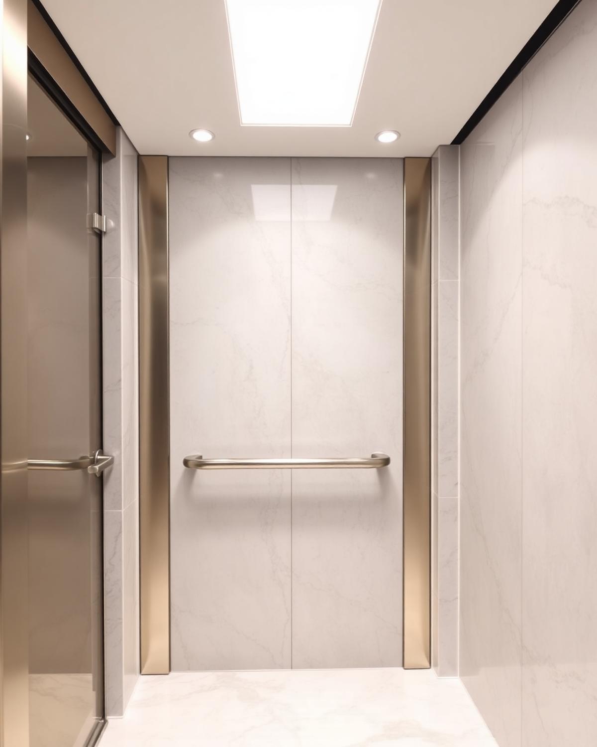 Lichte liftcabine met marmerlook wandpanelen en marmeren vloer