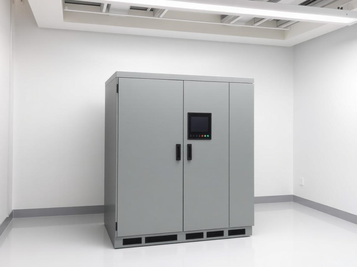 Neutrale grijze liftbesturingskast in een technische ruimte