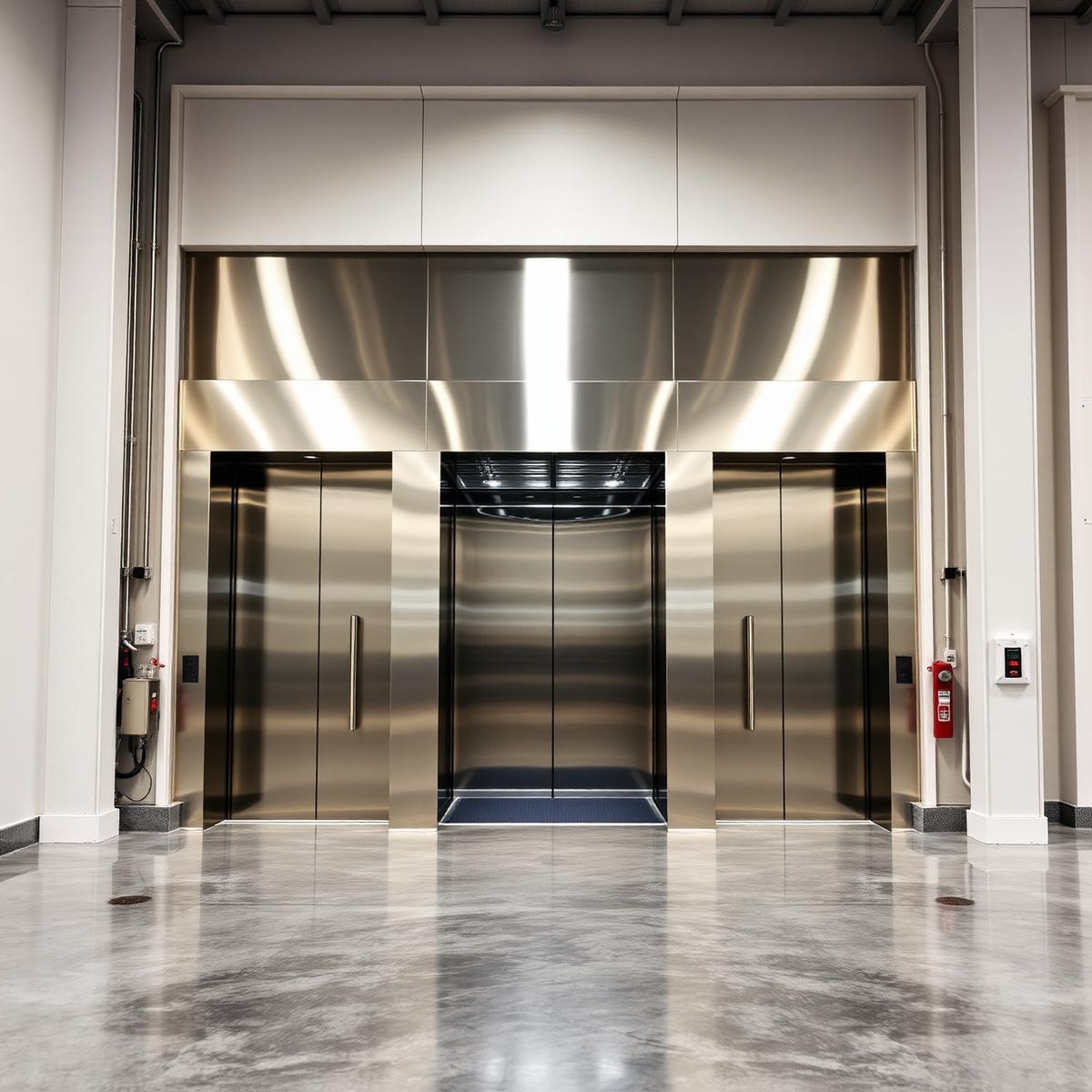 Goederenlift met brede RVS deuren in een bedrijfsgebouw